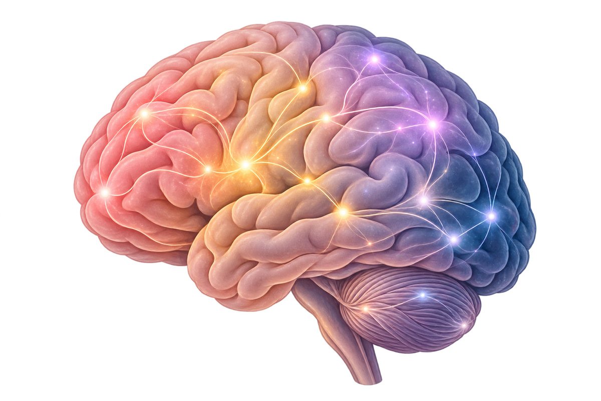 Illustration of a brain with softly illuminated interconnected regions