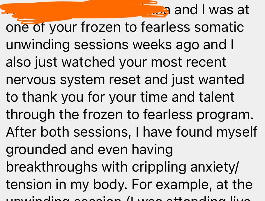 Original customer testimonial: After both sessions, I have found myself grounded and even having breakthroughs with crippling anxiety and tension in my body.