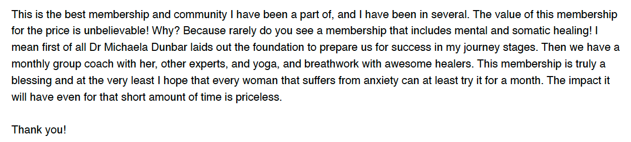 Original customer testimonial: This is the best membership and community I have been a part of, and I have been in several. The value of this membership for the price is unbelievable!